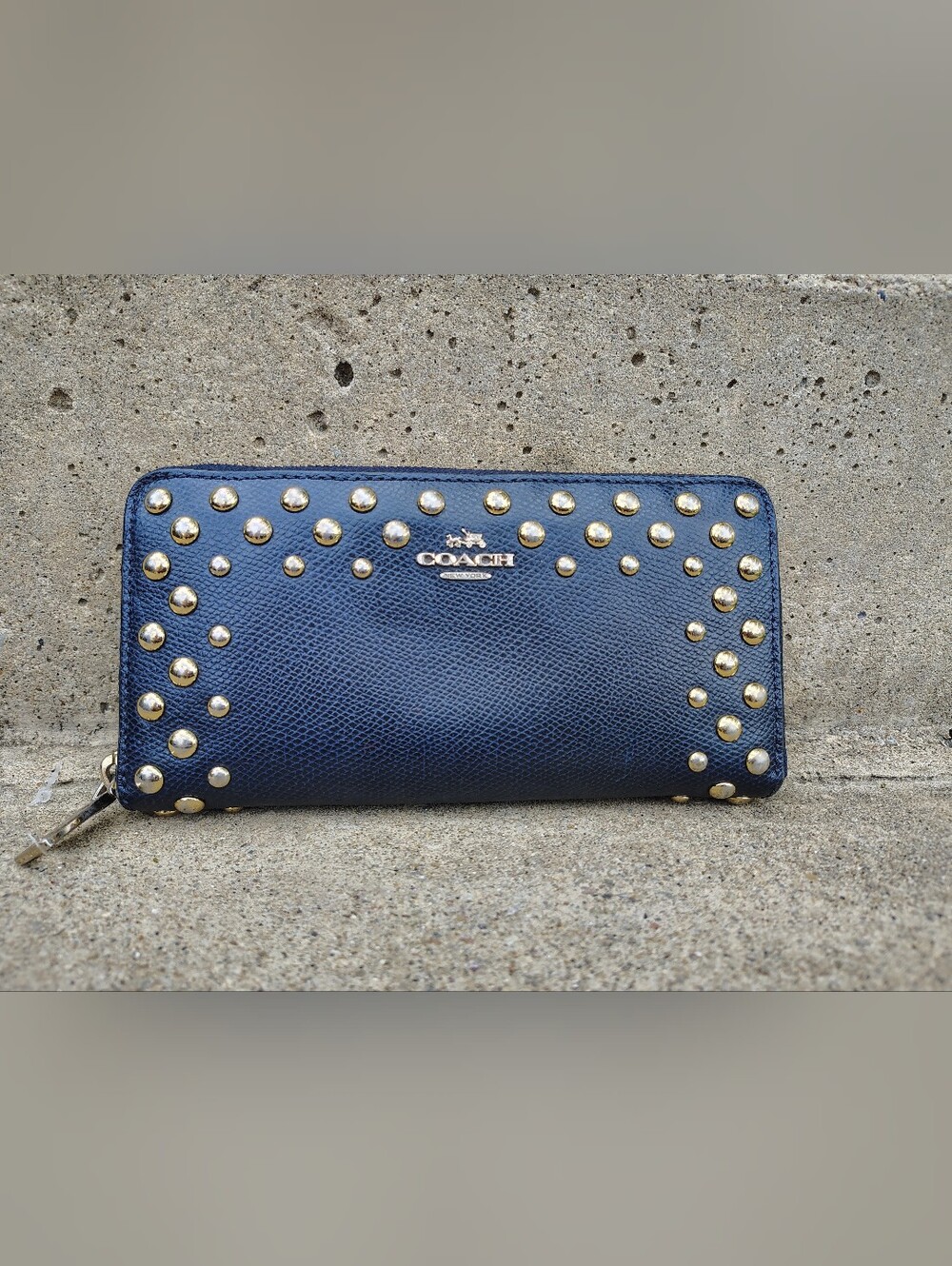 Coach Navy Blue Studded Pebbled Leather Zip-Around Wallet